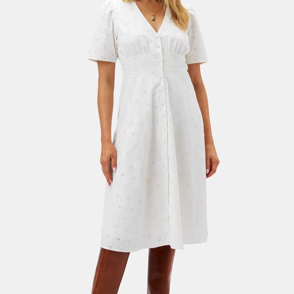 NWT Amour Vert White Organic Cotton Eyelette Short Sleeve midi dress